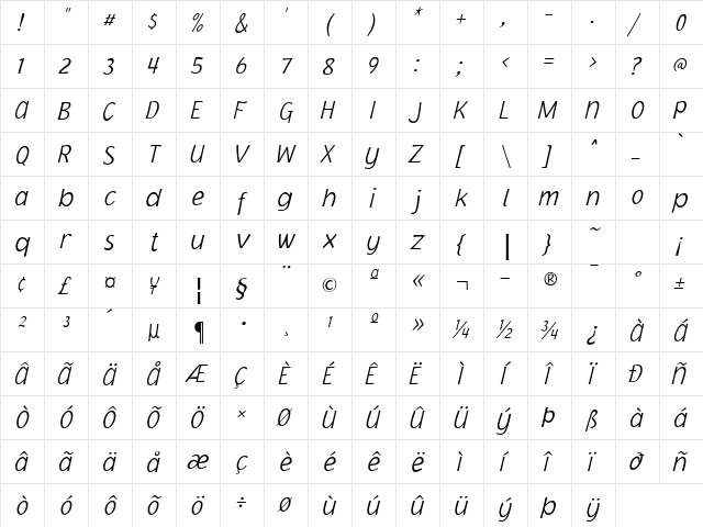 Jacoby ICG XLight Italic  glyph index