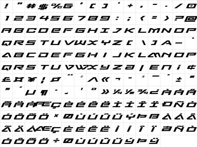 Sabre Shark Expanded Expanded  glyph index