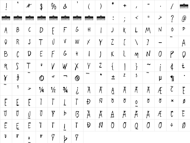 Freehand Blockletter Regular  glyph index