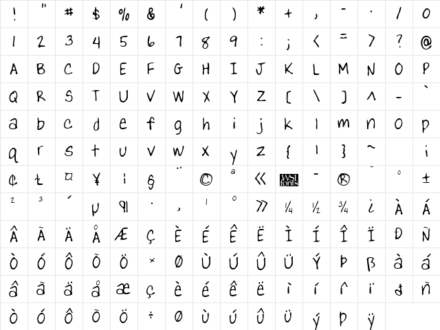 YanksHand Regular  glyph index