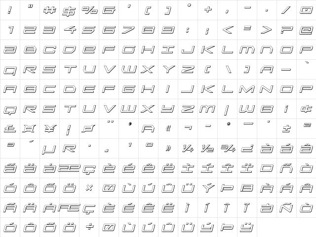 Sky Ridge 3D Italic Regular  glyph index