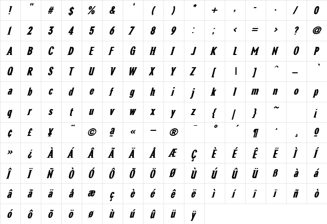 NewGlobalHeavy Italic  glyph index
