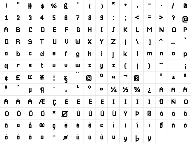 Pixellari Medium  glyph index