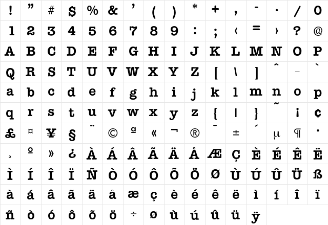 Typewriter-DemiBold Regular  glyph index
