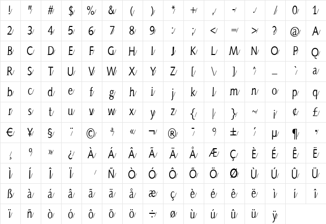 AidaSerifaShadow Regular  glyph index
