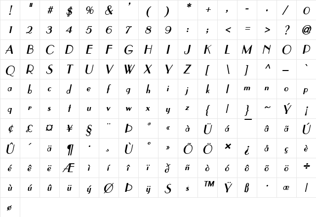 Elysee BoldItalic  glyph index