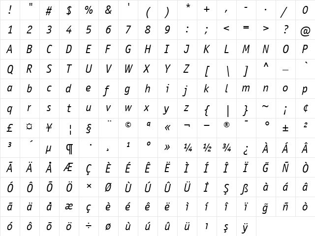 OfficinaSansBookItalic Regular  glyph index