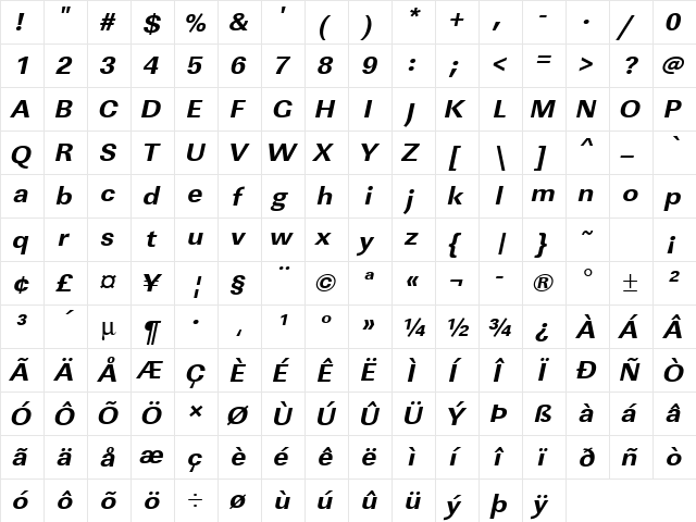 URWLinearTExtBolWid Oblique  glyph index