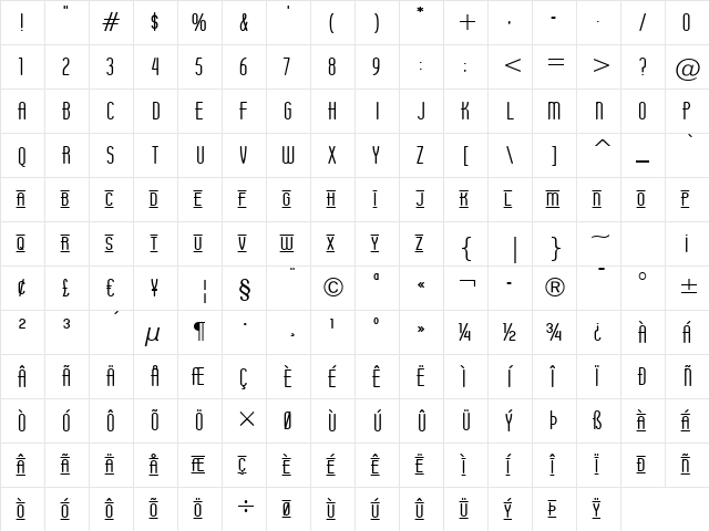 Operator Nine BTN Lined Bold  glyph index
