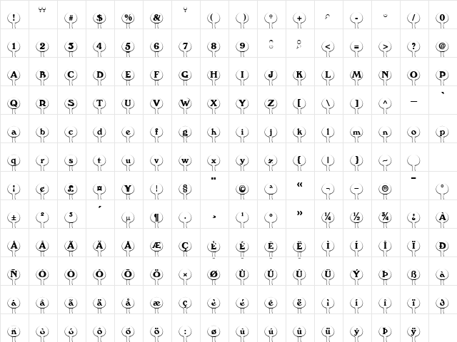 TableTWhite Becker Normal  glyph index