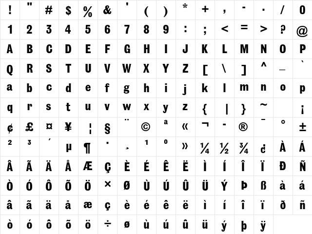 Headline MT Std Bold  glyph index