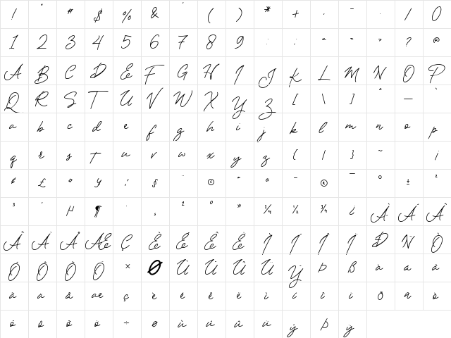 Manttulcuy Regular  glyph index