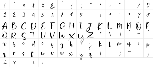 Onelove Free for Personal Use Regular  glyph index