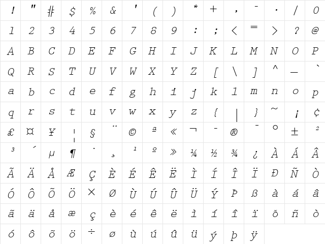Prestige LT Elite Italic  glyph index