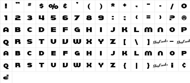 SF Juggernaut Bold  glyph index