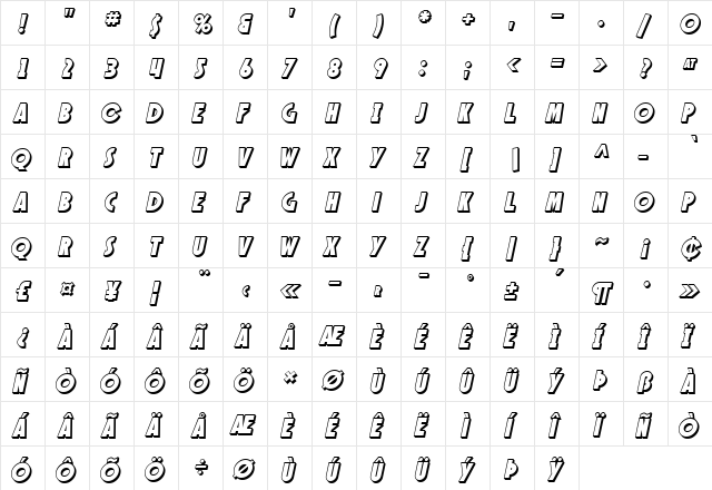 SF Speakeasy Shaded Oblique  glyph index