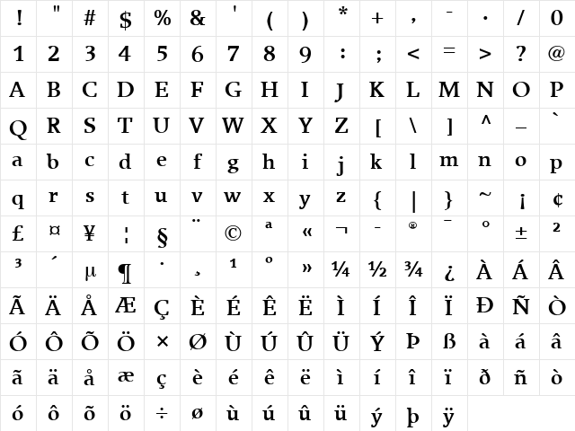 Breughel LT Regular Bold  glyph index