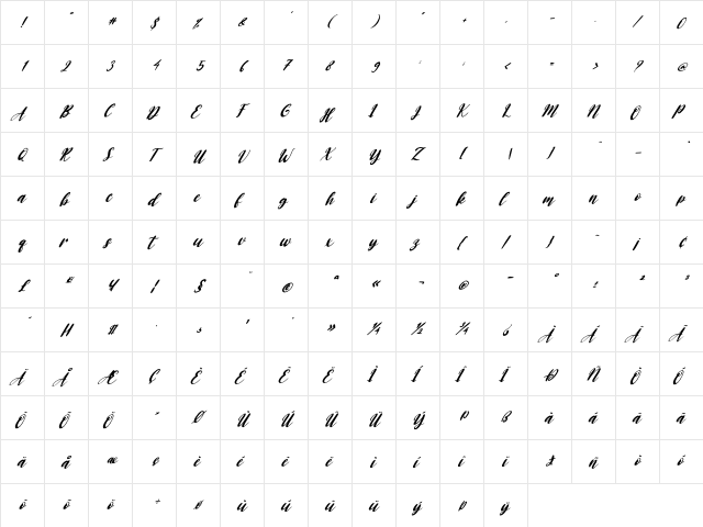 Baby Doll Italic Regular  glyph index