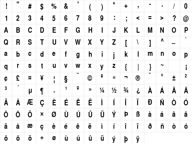 HeaveneticaNarrowSH Bold  glyph index