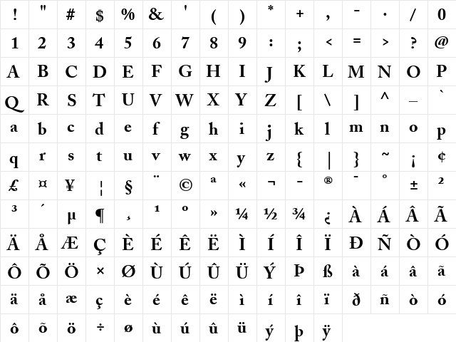 ACaslon Bold Regular  glyph index