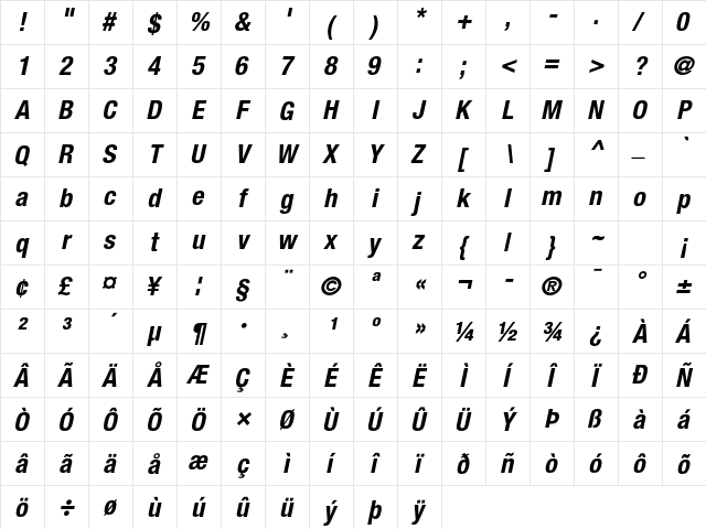 Helvetica Neue LT Pro 77 Bold Condensed Oblique  glyph index