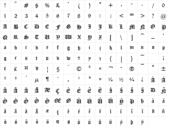 Oldchristmas Regular  glyph index