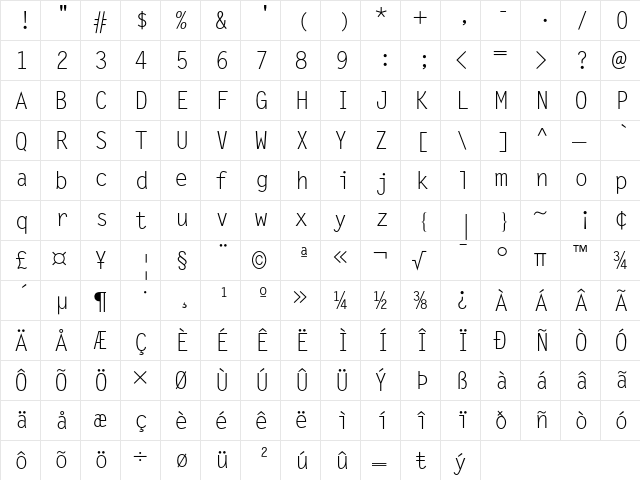 Letter Gothic Regular  glyph index