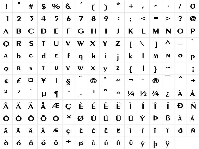 Pare Wide Bold  glyph index