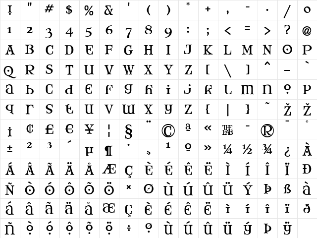 Mary Jane Tankard Regular  glyph index