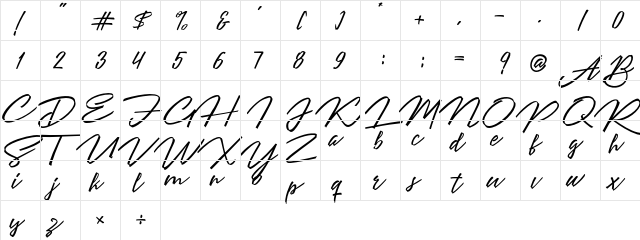 Angelines Script Regular  glyph index