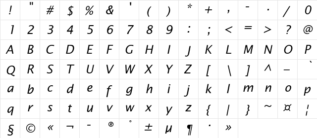 OfficeTypeSans Italic  glyph index