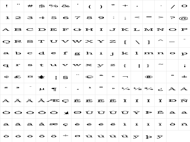 Steamroller Regular  glyph index