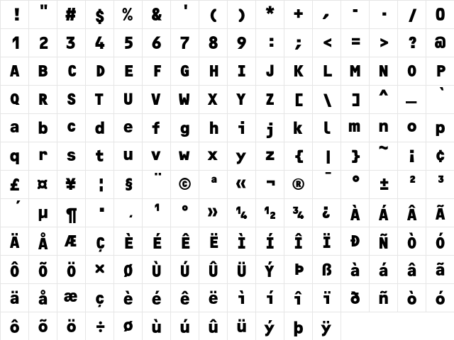 OCRF Bold  glyph index