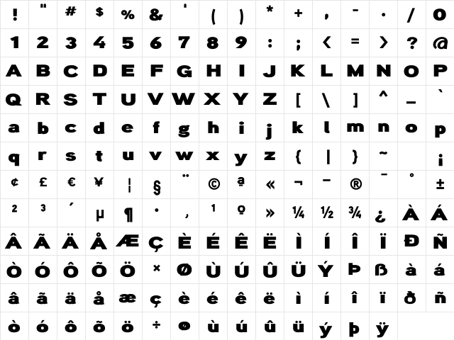 Aaux ProPoster Regular  glyph index