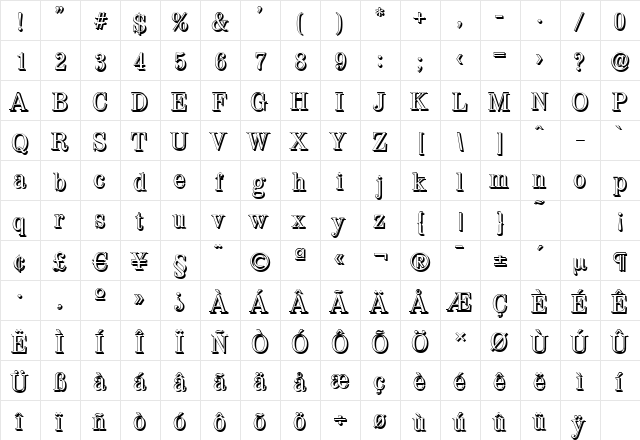 ValenciaShadow Regular  glyph index