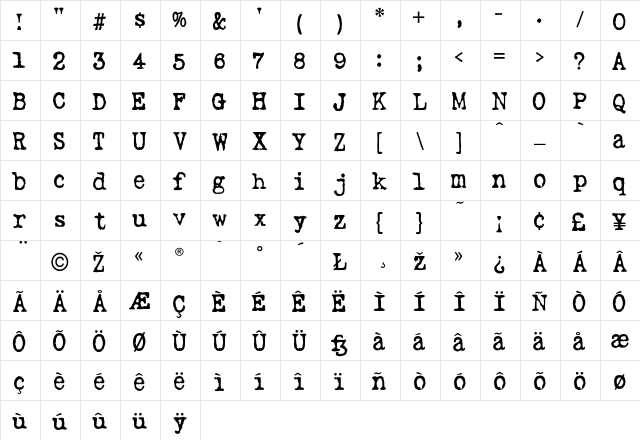 Loveletter Regular  glyph index