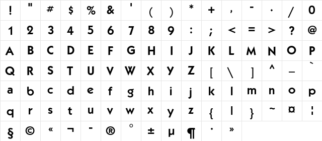 Kabel BookC Bold  glyph index