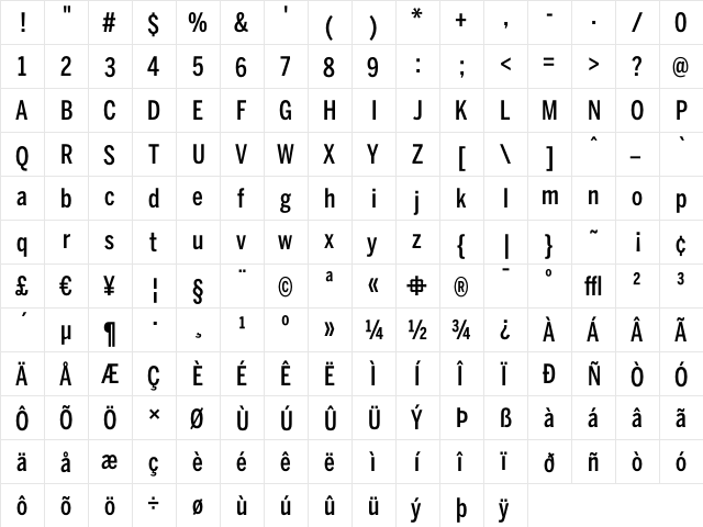 BentonSans ExtraCondensed Medium  glyph index