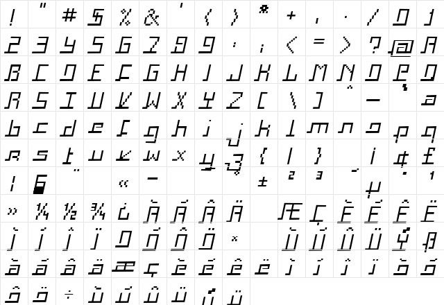 Squaropen Italic  glyph index