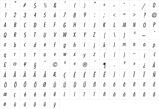 Fairmont-Cond Lite-Ital Regular  glyph index