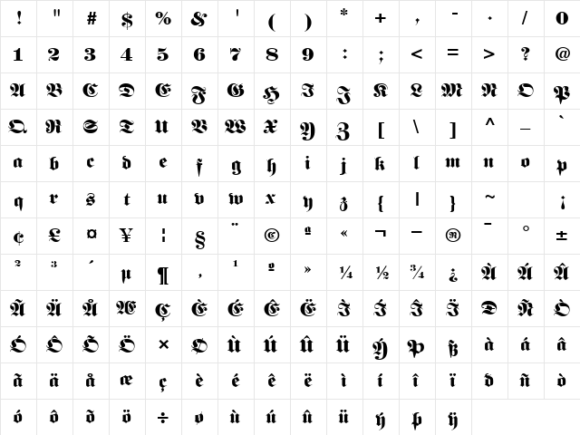 Berliner Regular  glyph index