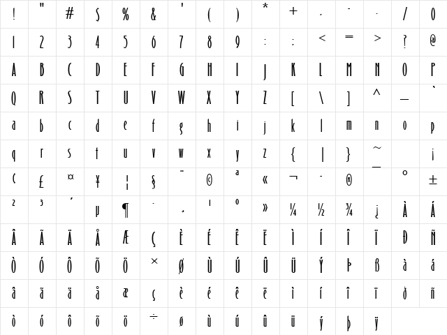 Binner Gothic MT Regular  glyph index