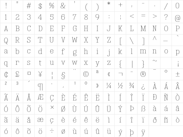 Kingsbridge SemiCondensed UltraLight  glyph index