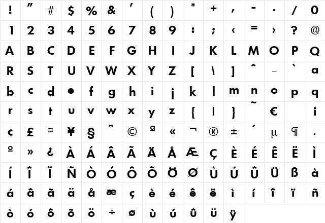 Limerick-DemiBold Regular  glyph index