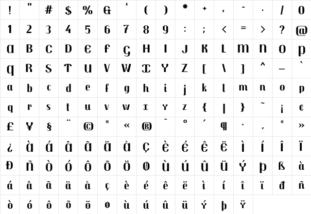 Trochut Bold  glyph index