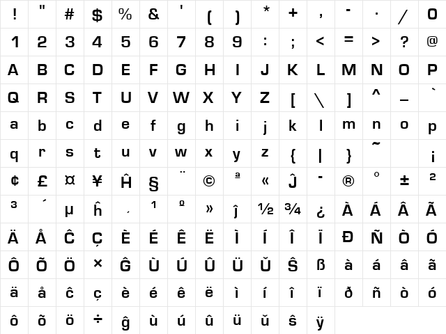 Eurostile Eo Bold  glyph index