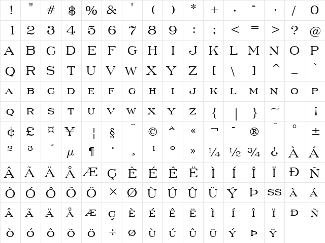 EngravrsRoman BT Regular  glyph index