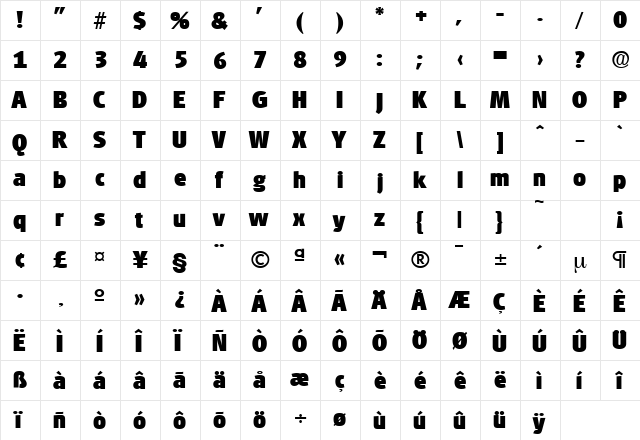 Glasgow-Serial-Heavy Regular  glyph index