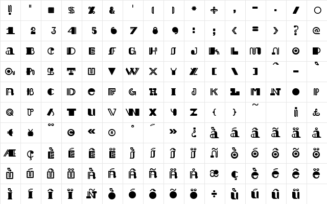 Jack Usine Regular  glyph index