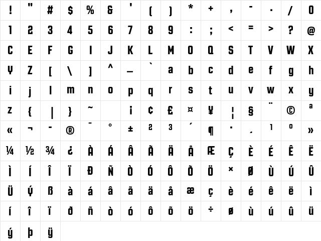 Revolution Gothic Regular  glyph index